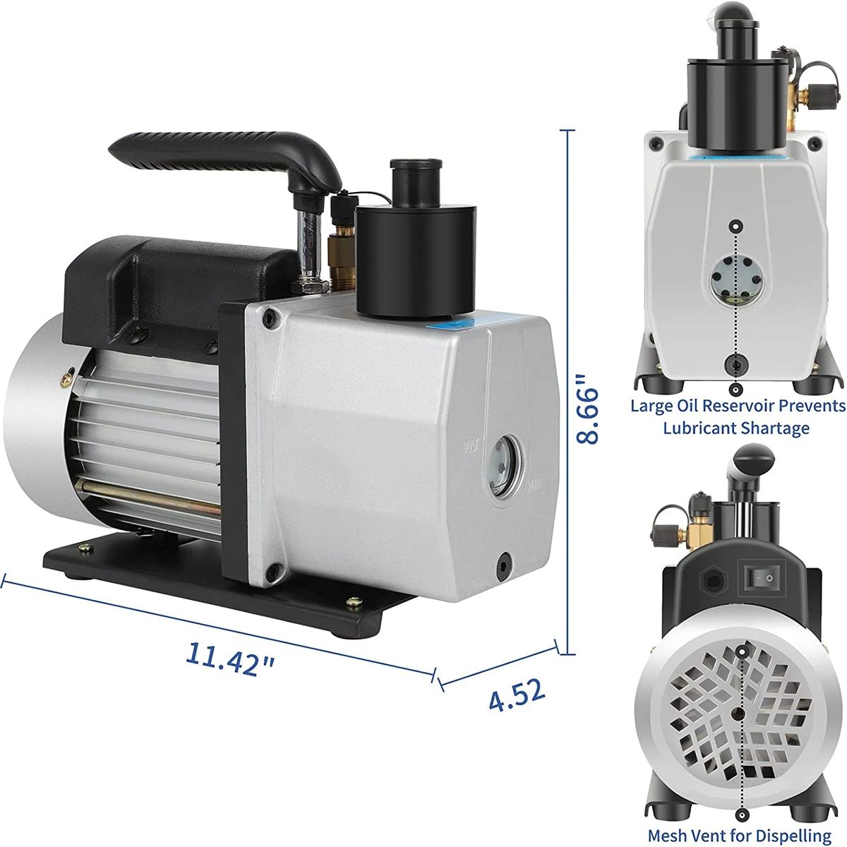 5 CFM Dual Stage Vacuum Pump (1/4" or 3/8" Inlet Port,1/2 HP,0.3 PA,15 microns) Rotary Vane
